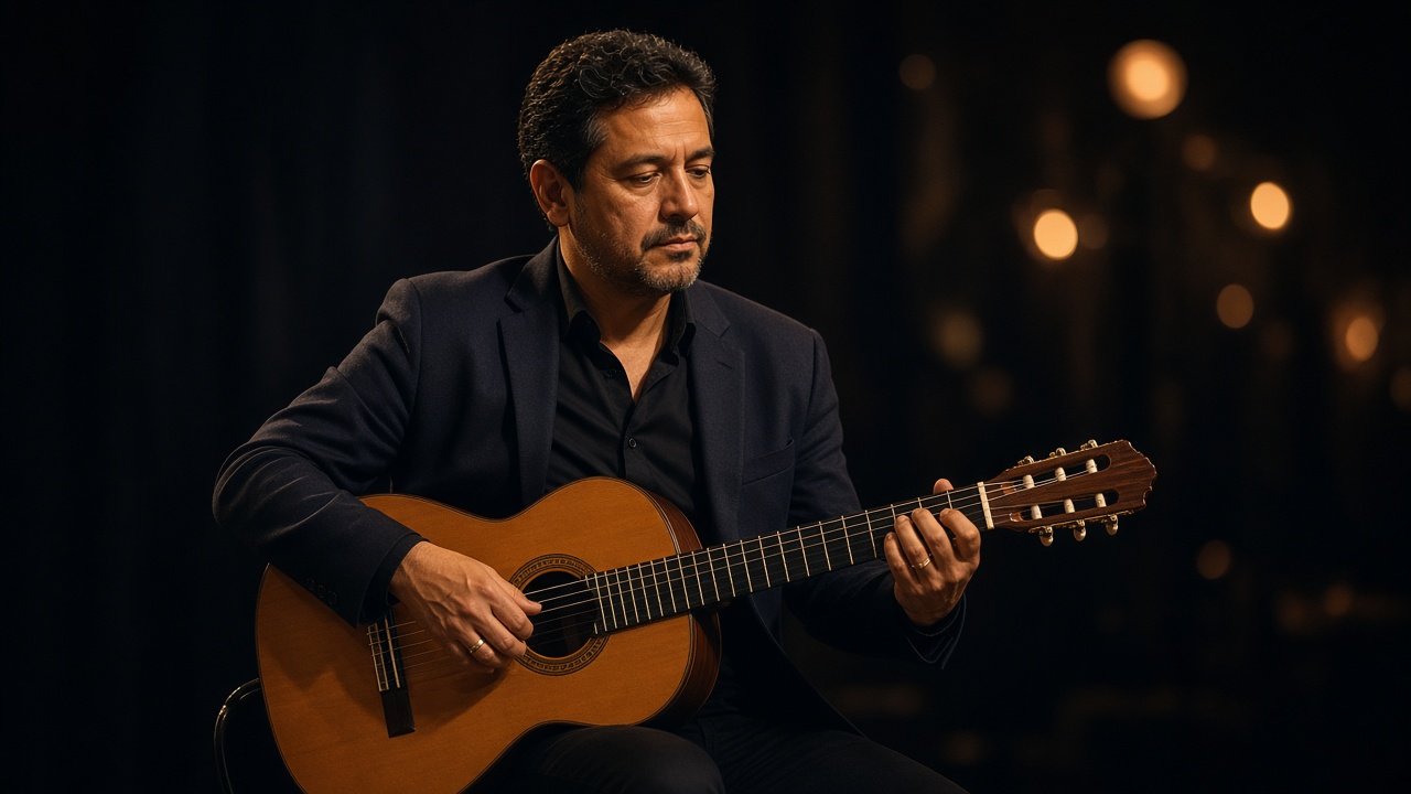 Vladimir Alejandro Urtecho Ortiz tocando la guitarra clásica en un escenario con luz dorada